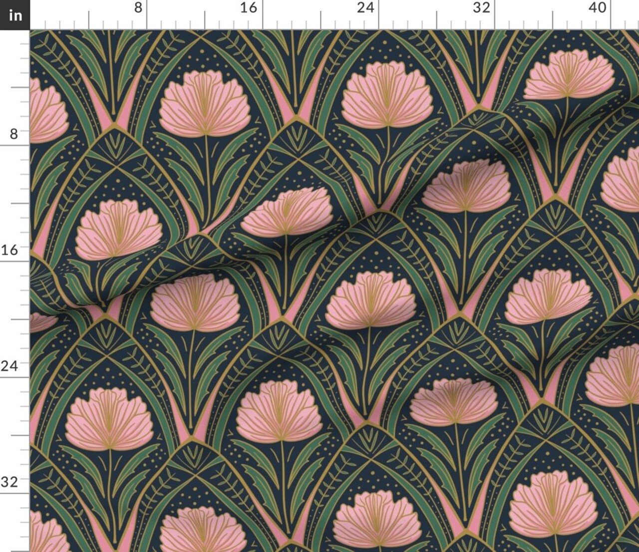 Art Deco Peony Dark Blue Pink Green Floral Abstract Botanical Nouveau Custom Printed Fabric by Spoonflower Various Fabrics by the Yard or Fat Quarter